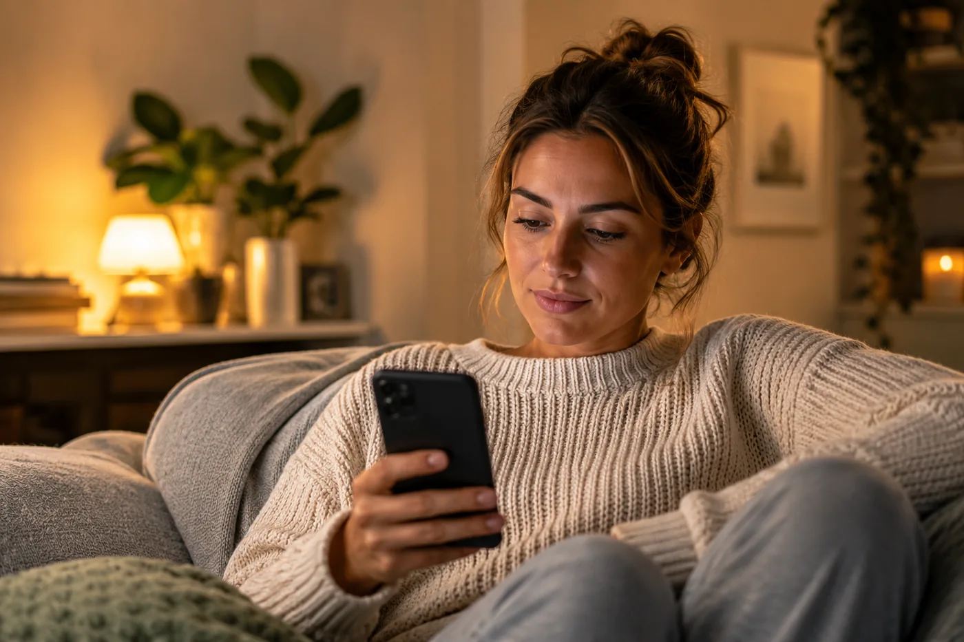 Sarah relaxing at home and scrolling on her phone